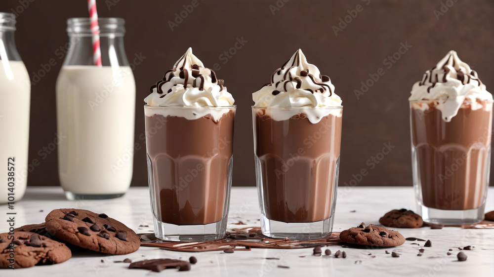 Indulgent chocolate milkshakes topped with whipped cream and chocolate syrup, served with a side of warm, gooey chocolate chip cookies, a dessert lover's dream, Generative AI Indulgent chocolate milkshakes topped with whipped cream and chocolate syrup, served with a side of warm, gooey chocolate chip cookies, a dessert lover's dream, Generative AI
