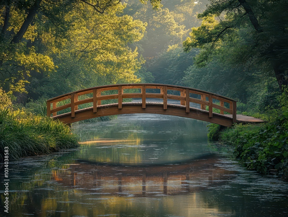 wooden bridge arching over a serene body of water framed by lush greenery soft light filtering through trees creates a peaceful atmosphere wide composition allows for contemplation and calm wooden bridge arching over a serene body of water framed by lush greenery soft light filtering through trees creates a peaceful atmosphere wide composition allows for contemplation and calm