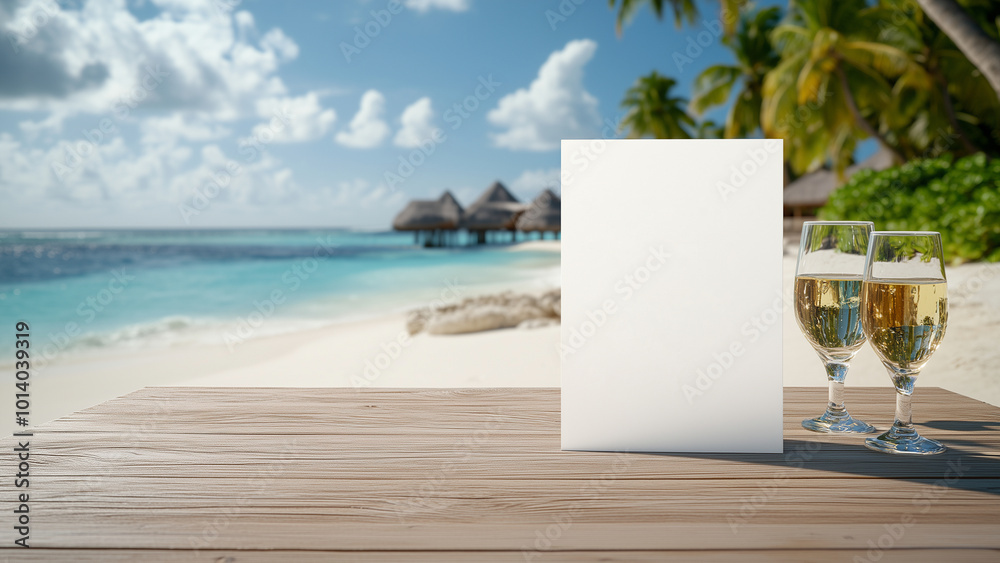 Tropical Beach Photo Frame Mockup with wine glass, against a backdrop of a tropical beach Tropical Beach Photo Frame Mockup with wine glass, against a backdrop of a tropical beach