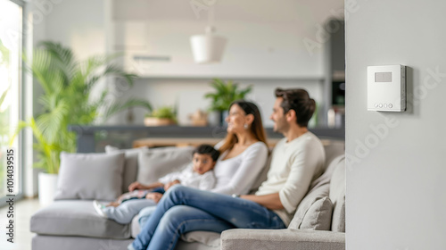 A family sitting on a couch in a living room