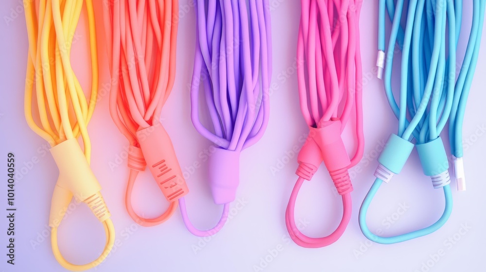 Vibrant and colorful charging cables neatly arranged on a clean white background showcasing a variety of bright colors for tech-related designs and advertisements. Generative AI Vibrant and colorful charging cables neatly arranged on a clean white background showcasing a variety of bright colors for tech-related designs and advertisements. Generative AI