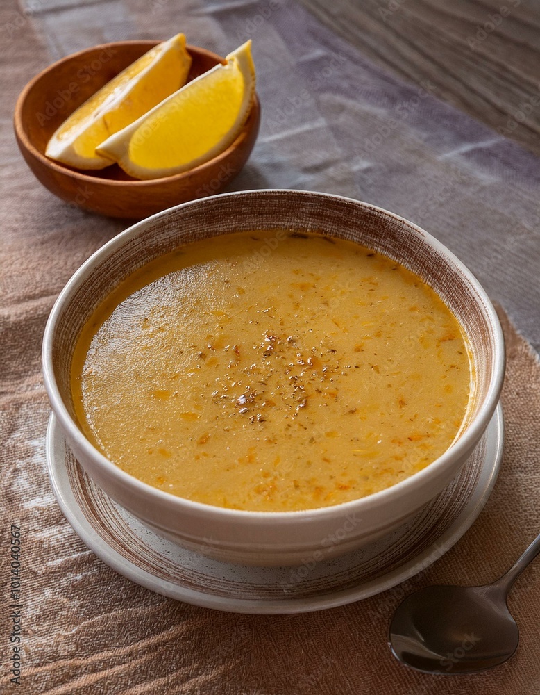 Creamy soup in bowl with lemon Creamy soup in bowl with lemon