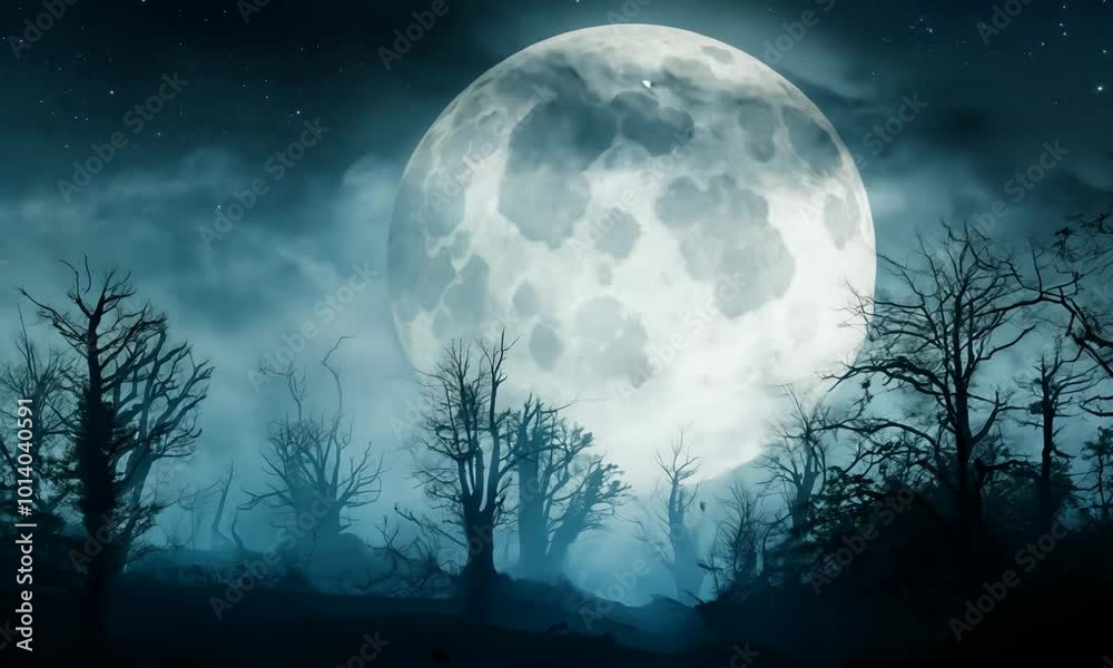 Large moon is in the sky above a forest. The moon is surrounded by a dark sky and the trees are silhouetted against the sky. Scene is eerie and mysterious. hyperrealistic Video