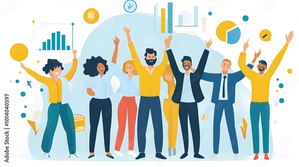 Sales team celebrating their achievements, with key performance indicators (KPIs) like sales revenue and conversion rates displayed in the background Sales team celebrating their achievements, with key performance indicators (KPIs) like sales revenue and conversion rates displayed in the background