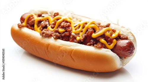 Realistic chili dog on a white background with mustard and chili sauce topping. Ideal for food product marketing and fast-food visual designs. Generative AI