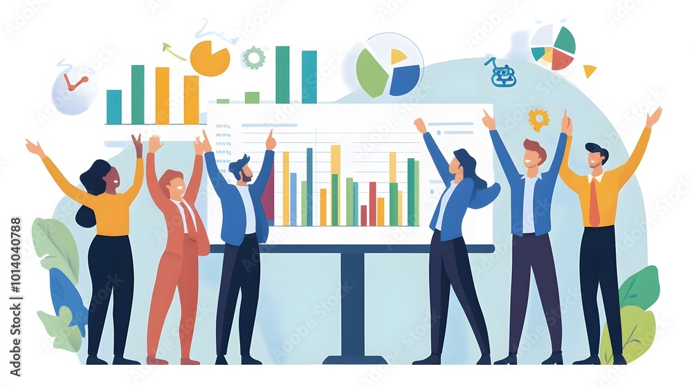 Sales team celebrating their achievements, with key performance indicators (KPIs) like sales revenue and conversion rates displayed in the background Sales team celebrating their achievements, with key performance indicators (KPIs) like sales revenue and conversion rates displayed in the background