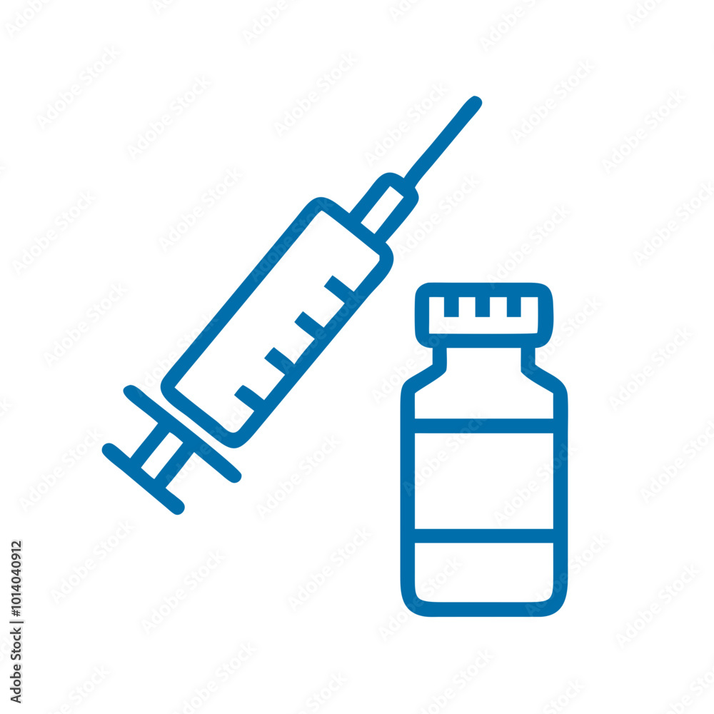 Syringe and Vaccine Bottle Icon, Blue Vector for Immunization and Healthcare. Syringe and Vaccine Bottle Icon, Blue Vector for Immunization and Healthcare.