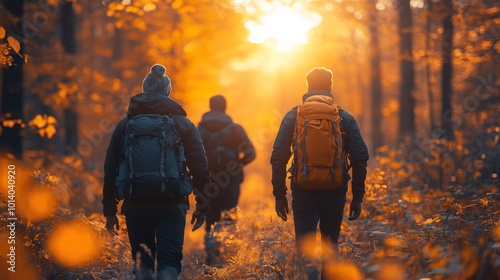 Friends enjoying a leisurely walk through a vibrant autumn forest during sunset