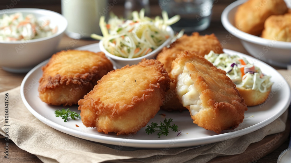Lenten fish fry, crispy battered fish fillets, served with creamy coleslaw and buttered dinner rolls, a beloved tradition during the season of Lent, Generative AI Lenten fish fry, crispy battered fish fillets, served with creamy coleslaw and buttered dinner rolls, a beloved tradition during the season of Lent, Generative AI