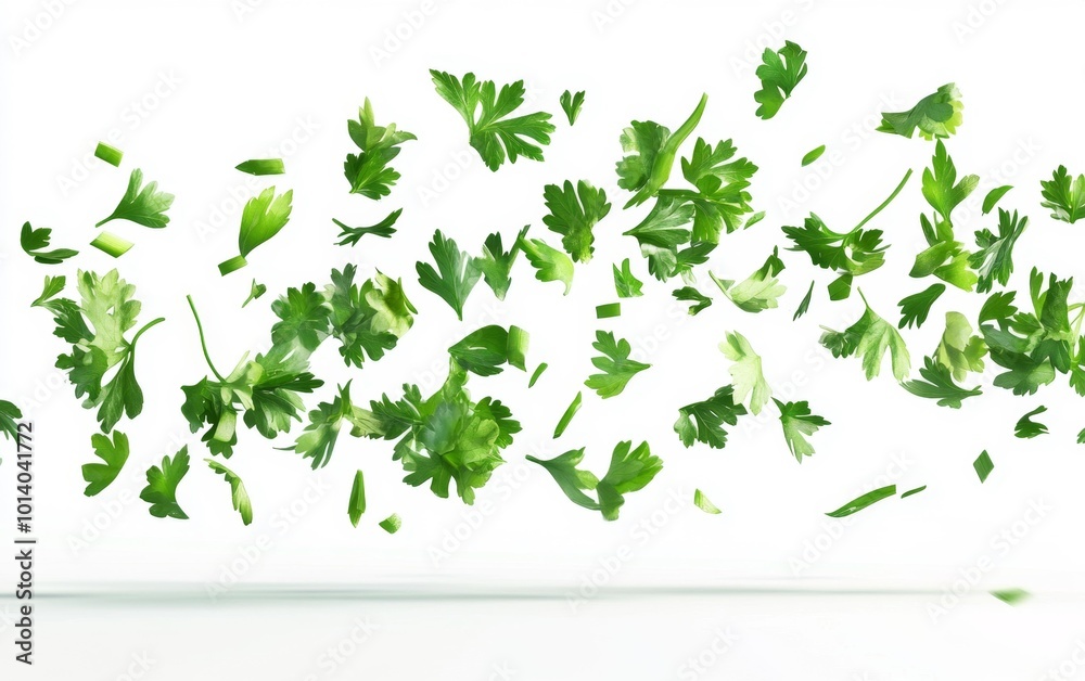 Fresh parsley leaves floating mid-air on a white background perfect for food and cooking themes. Generative AI Fresh parsley leaves floating mid-air on a white background perfect for food and cooking themes. Generative AI