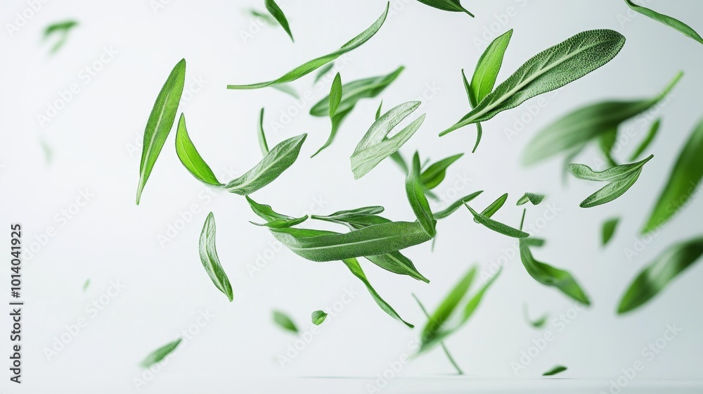 Floating tarragon leaves isolated on a clean white background showing fresh green herbs suspended in mid-air with a crisp and detailed look. Generative AI Floating tarragon leaves isolated on a clean white background showing fresh green herbs suspended in mid-air with a crisp and detailed look. Generative AI