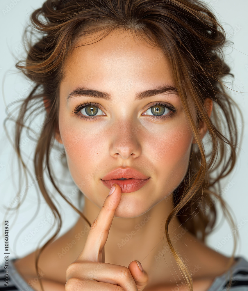 A woman with her finger on her lips A woman with her finger on her lips