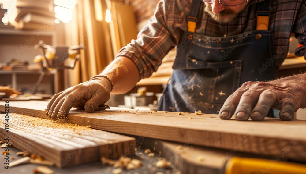 A man in an apron working on a piece of wood A man in an apron working on a piece of wood