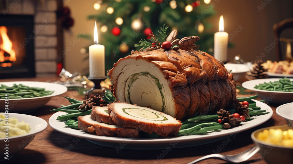 Christmas Eve dinner, with roasted turkey, mashed potatoes, and green bean casserole, followed by a decadent Yule log cake, a festive and traditional Catholic celebration, Generative AI Christmas Eve dinner, with roasted turkey, mashed potatoes, and green bean casserole, followed by a decadent Yule log cake, a festive and traditional Catholic celebration, Generative AI