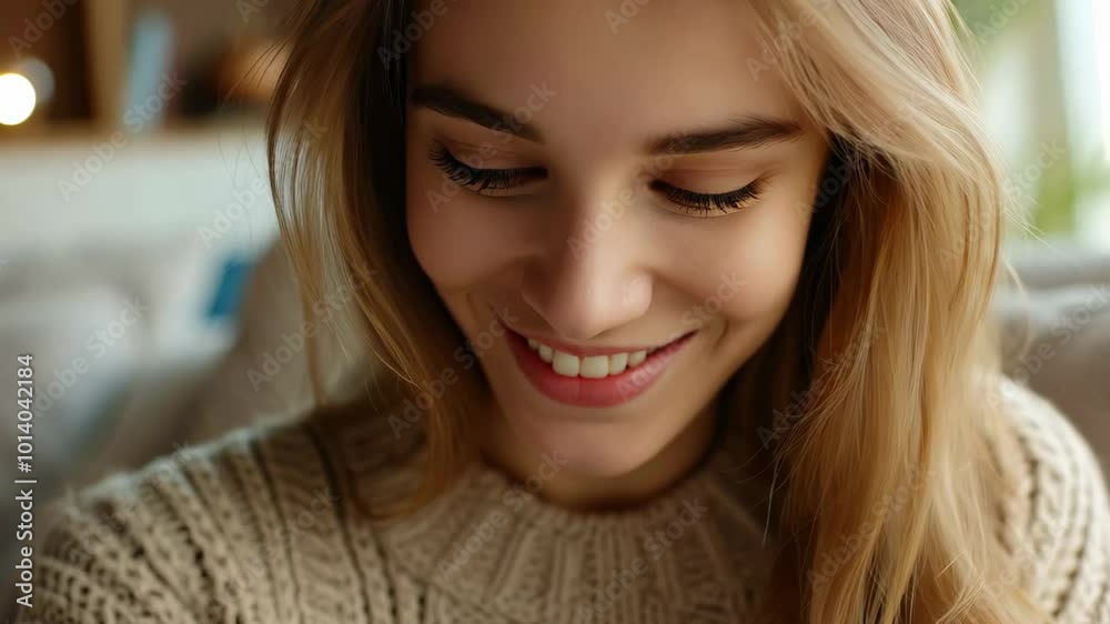 Close Up Portrait of Smiling Young Beauty Casual Woman Sitting Relaxing at Home and Using Smartphone Close Up Portrait of Smiling Young Beauty Casual Woman Sitting Relaxing at Home and Using Smartphone