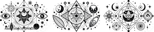 The hand drawn geometry & celestial tattoo illustration Sacred Intricate geometric tattoos featuring cosmic elements like stars, moons, and planets, evoking spiritual harmony and celestial alignment