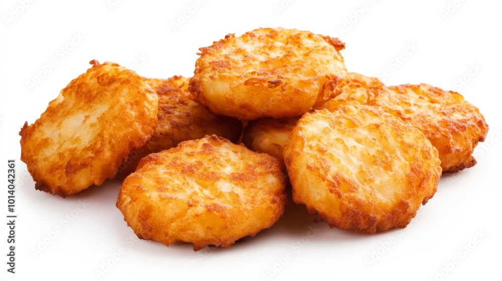 Crispy Golden Hash Browns Piled on a White Background Perfect for Breakfast or Snack-Themed Designs 150-200 Characters. Generative AI Crispy Golden Hash Browns Piled on a White Background Perfect for Breakfast or Snack-Themed Designs 150-200 Characters. Generative AI