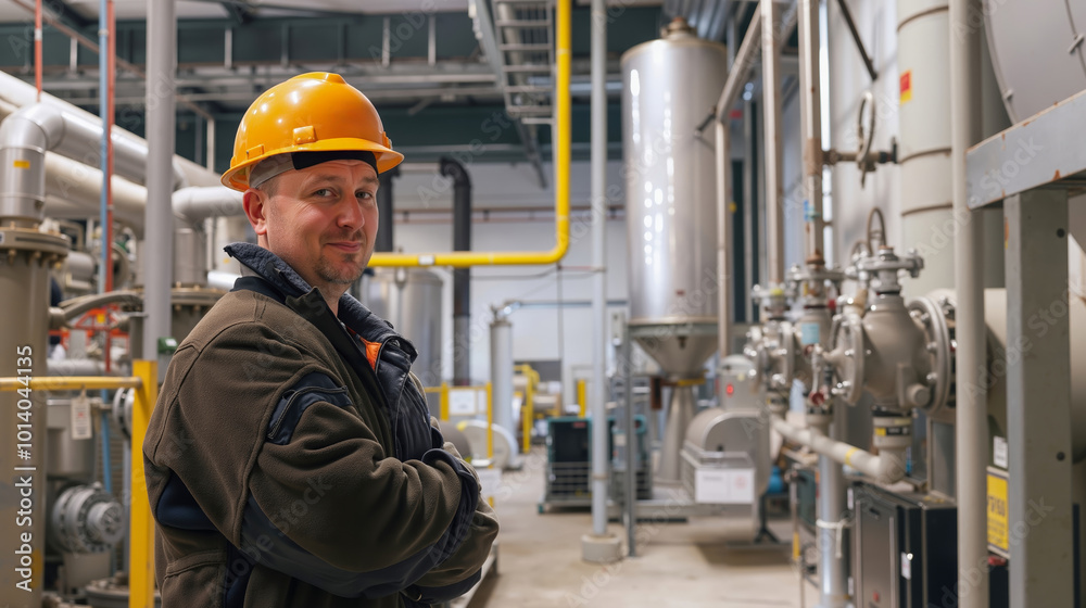 A man wearing a hard hat standing in front of a large industrial plant A man wearing a hard hat standing in front of a large industrial plant