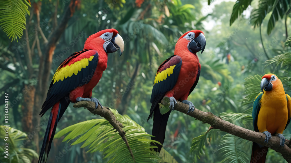 Obraz premium Enchanting rainforest canopy alive with the vibrant colors of exotic parrots, their playful antics and raucous calls filling the air with energy and vitality, a spectacle of nature's wonder, Generativ