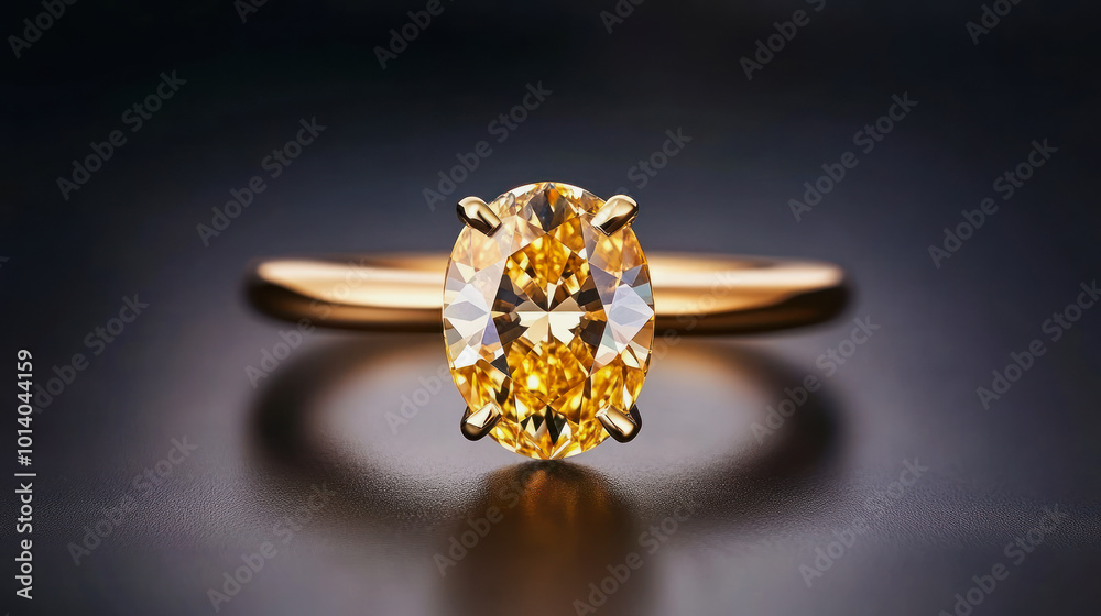 A close-up view of a stunning yellow diamond ring set in gold, elegantly displayed against a dark background A close-up view of a stunning yellow diamond ring set in gold, elegantly displayed against a dark background