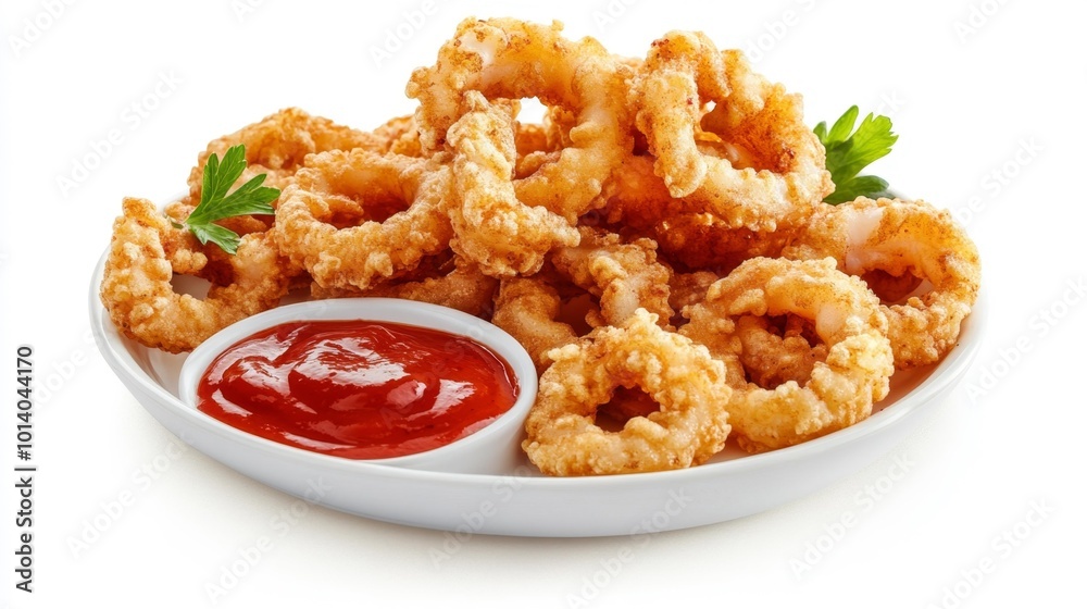 Crispy fried calamari with dipping sauce on a white plate garnished with parsley Generative AI Crispy fried calamari with dipping sauce on a white plate garnished with parsley Generative AI
