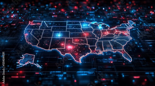A digital tablet shows a vibrant, colorful map of the United States