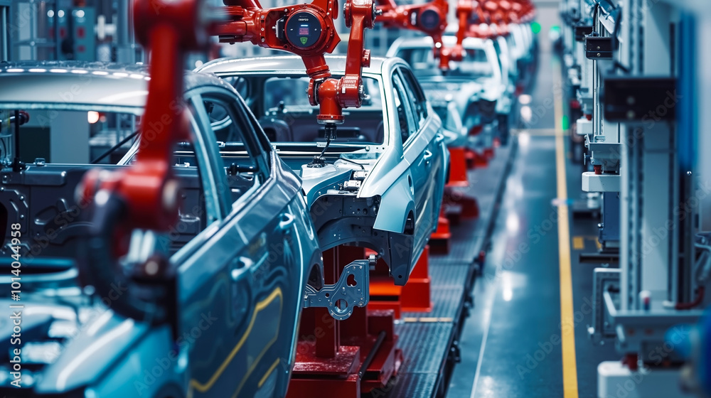 Fototapeta premium Robots working on a car in a factory