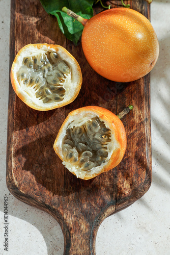 fresh passion fruit, Passiflora ligularis, sweet granadilla or grenadia photo