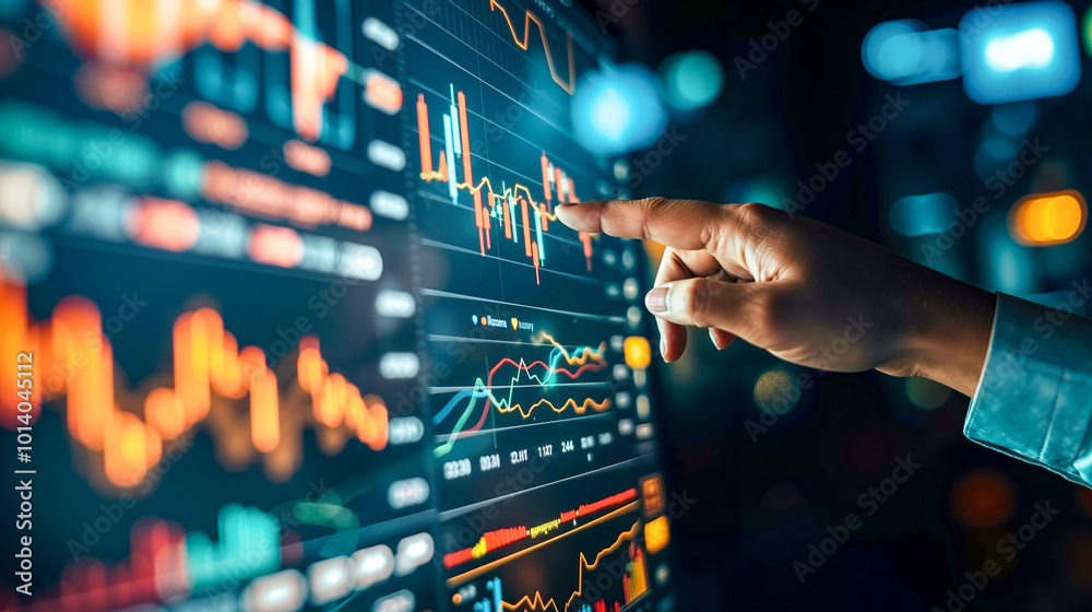 A person pointing at a computer screen with graphs on it A person pointing at a computer screen with graphs on it