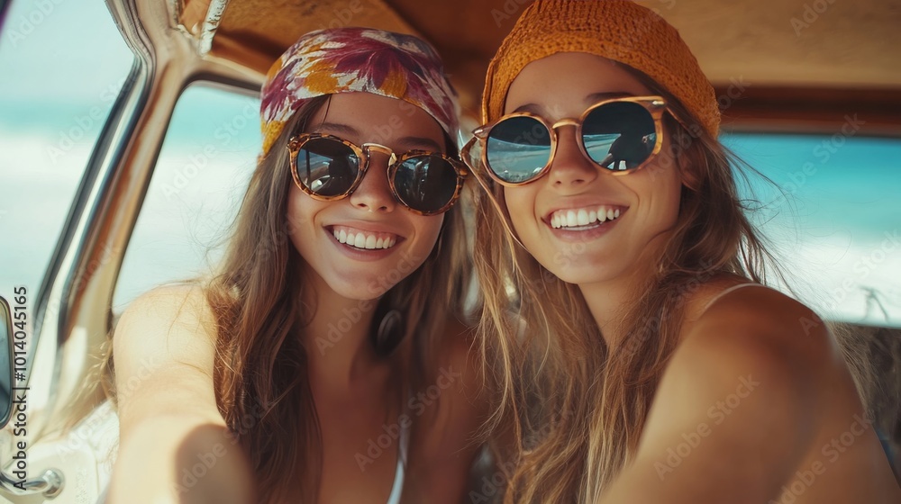 Young hippies smiling in a minivan on a summer road trip.