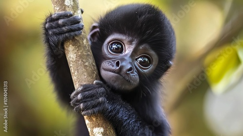 Costa Rican rainforest baby howler monkey tree-climbing