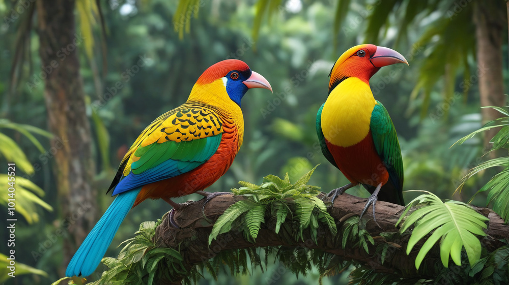 Tropical island retreat adorned with the dazzling plumage of exotic birds like the golden pheasant and the emerald toucanet, a paradise for birdwatchers and nature lovers alike, Generative AI Tropical island retreat adorned with the dazzling plumage of exotic birds like the golden pheasant and the emerald toucanet, a paradise for birdwatchers and nature lovers alike, Generative AI