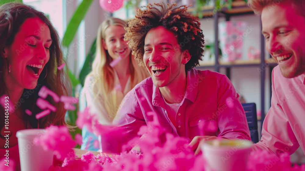 A group of people laughing at a table with pink confetti A group of people laughing at a table with pink confetti