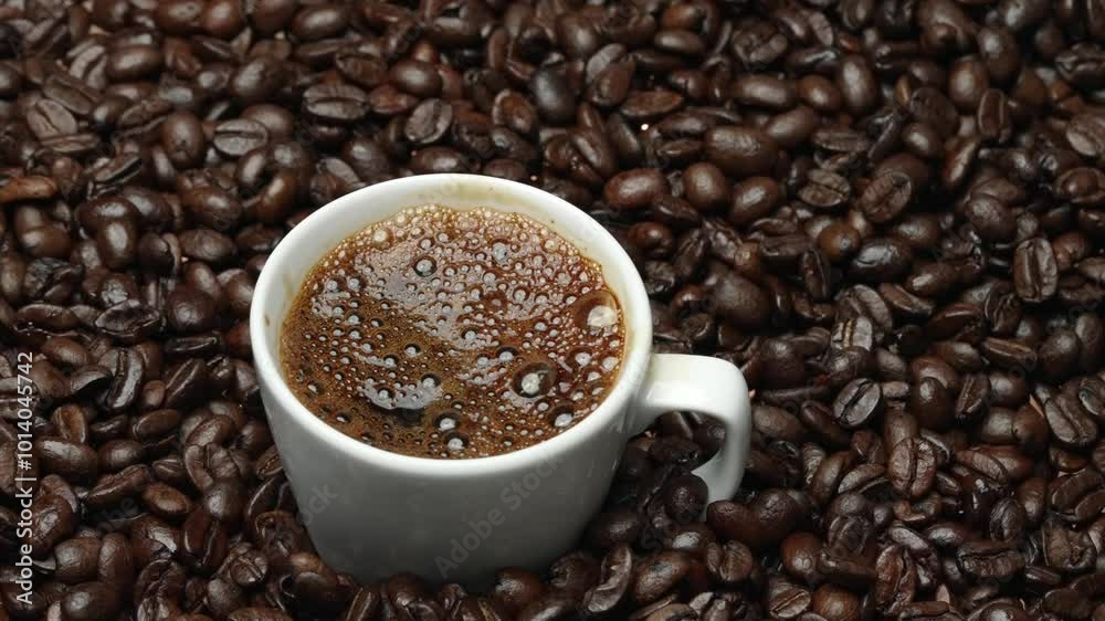 Freshly espresso was poured in white cup with pile of coffee bean. Pouring black coffee in the cup with brown background and seed scattering around on wooden table. Close up. Top view. Comestible. Freshly espresso was poured in white cup with pile of coffee bean. Pouring black coffee in the cup with brown background and seed scattering around on wooden table. Close up. Top view. Comestible.