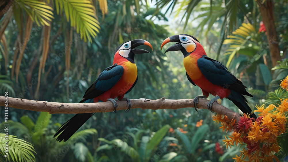 Obraz premium Remote jungle oasis echoing with the calls of exotic hornbills and the chatter of colorful parakeets, a hidden gem teeming with biodiversity and natural splendor, Generative AI