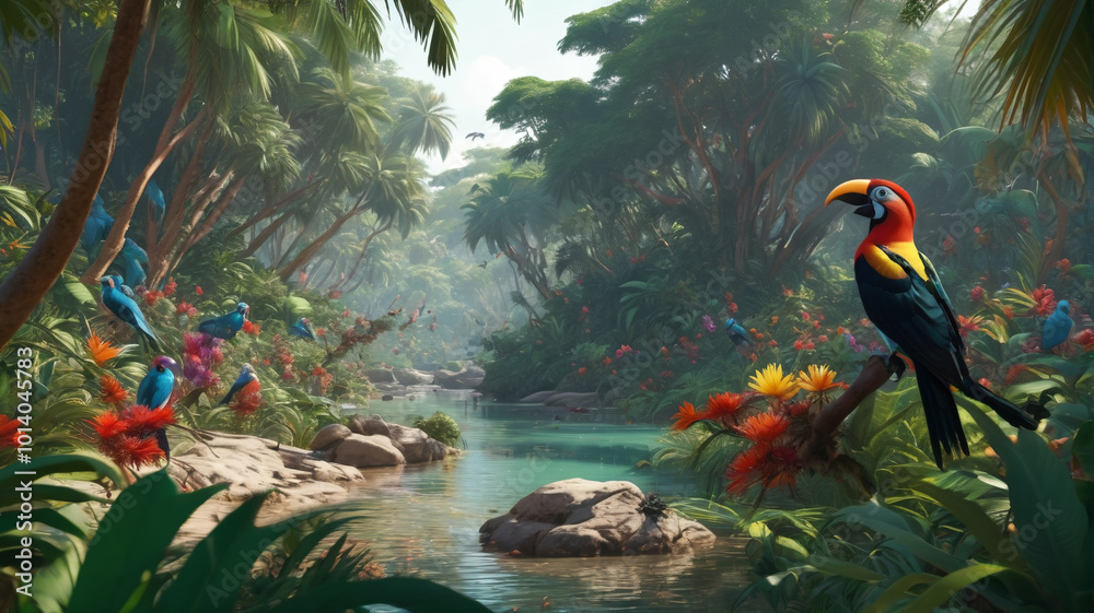 Fototapeta premium Remote jungle oasis echoing with the calls of exotic hornbills and the chatter of colorful parakeets, a hidden gem teeming with biodiversity and natural splendor, Generative AI