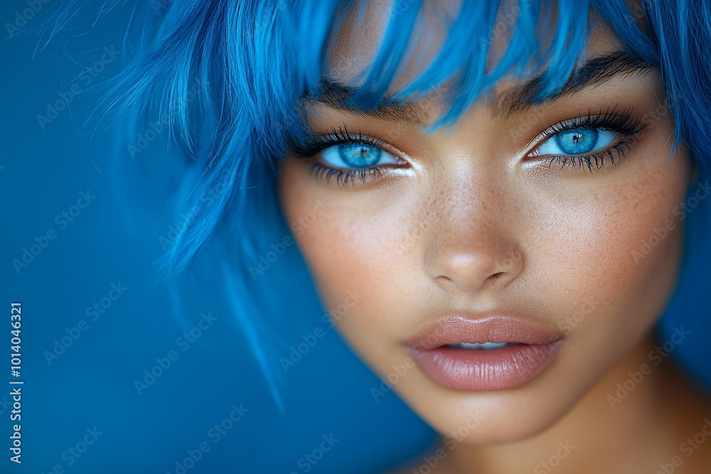 A close-up portrait of a young woman with bright blue eyes and blue hair. A close-up portrait of a young woman with bright blue eyes and blue hair.