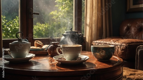 A luxurious coffee cup sits gracefully in a warm and inviting corner of this well-loved living room