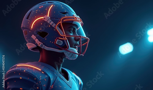 Dynamic close-up of a football player in a futuristic helmet, illuminated by dramatic lighting, perfect for sports, technology, and gaming themes.