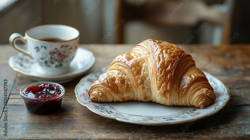 A freshly baked croissant on a plate with a cup of coffee and a bowl of jam.