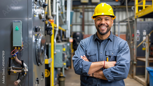 A man wearing a hard hat standing in front of a boiler room