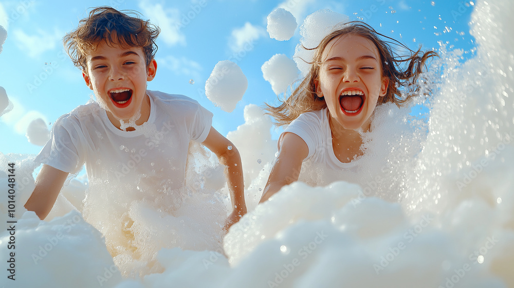 Young people running through thick clouds of foam, their movements full of energy and excitement – A playful and dramatic image that captures the freedom and joy of youth, surround Young people running through thick clouds of foam, their movements full of energy and excitement – A playful and dramatic image that captures the freedom and joy of youth, surround