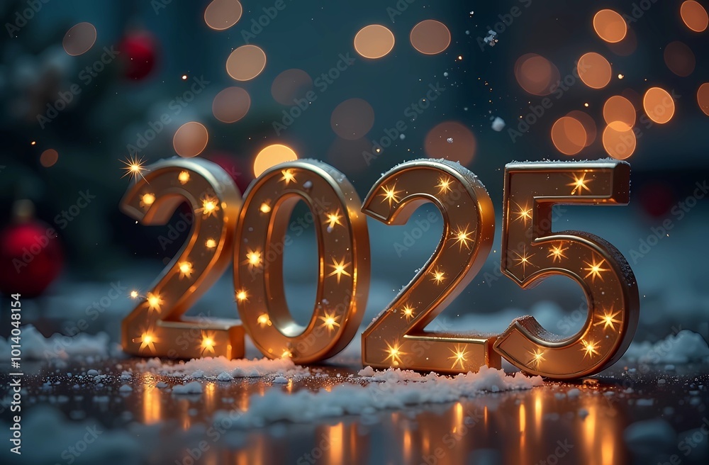 Happy New Year 2025 background, illustration for holiday design with lights and fireworks Happy New Year 2025 background, illustration for holiday design with lights and fireworks