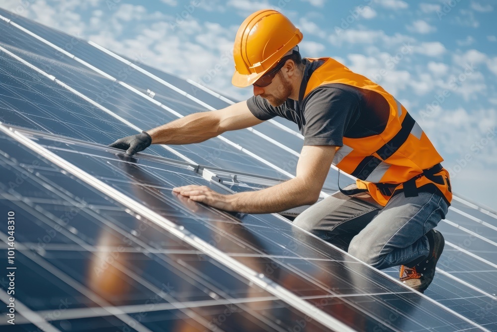 A man in a yellow jacket is working on a solar panel, generative ai image A man in a yellow jacket is working on a solar panel, generative ai image