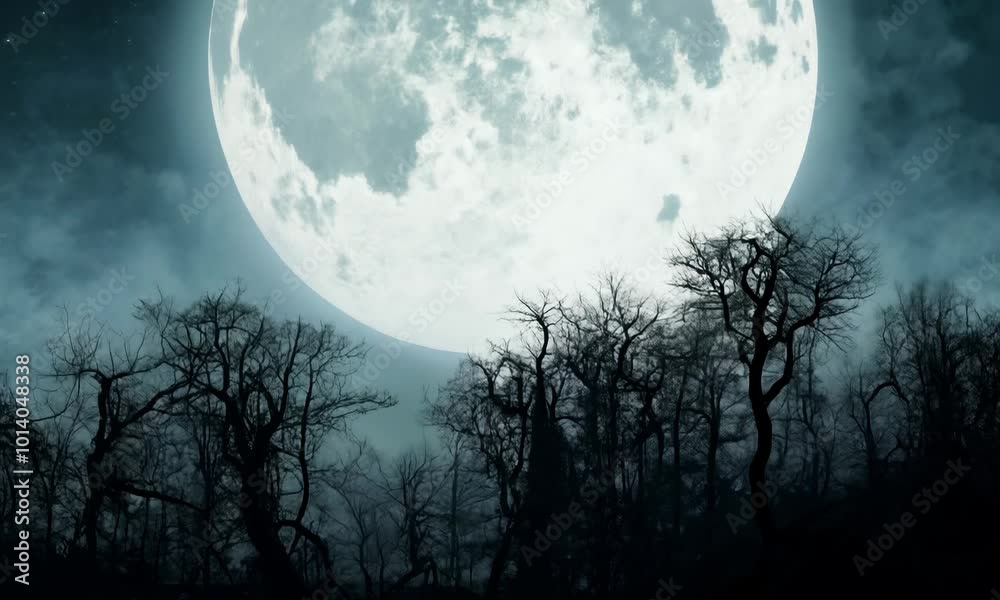 Large, bright moon is in the sky, surrounded by a dark, cloudy sky. The moon is the main focus of the image, and it is the most prominent object in the scene. hyperrealistic Video Large, bright moon is in the sky, surrounded by a dark, cloudy sky. The moon is the main focus of the image, and it is the most prominent object in the scene. hyperrealistic Video