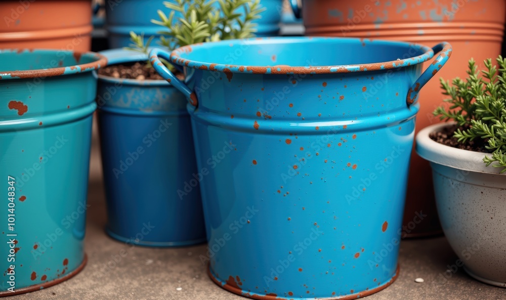 Vibrant blue metal buckets with a rustic finish, surrounded by potted plants, perfect for gardening, home decor, or DIY projects. Vibrant blue metal buckets with a rustic finish, surrounded by potted plants, perfect for gardening, home decor, or DIY projects.