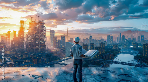 A man standing on top of a building looking at a cityscape