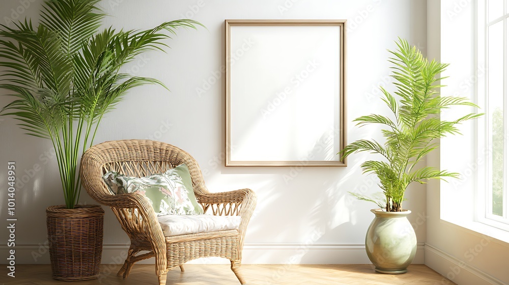 A bright and cozy living room featuring a rattan armchair, potted plant, ceramic vase, and a blank frame on the wall. A bright and cozy living room featuring a rattan armchair, potted plant, ceramic vase, and a blank frame on the wall.