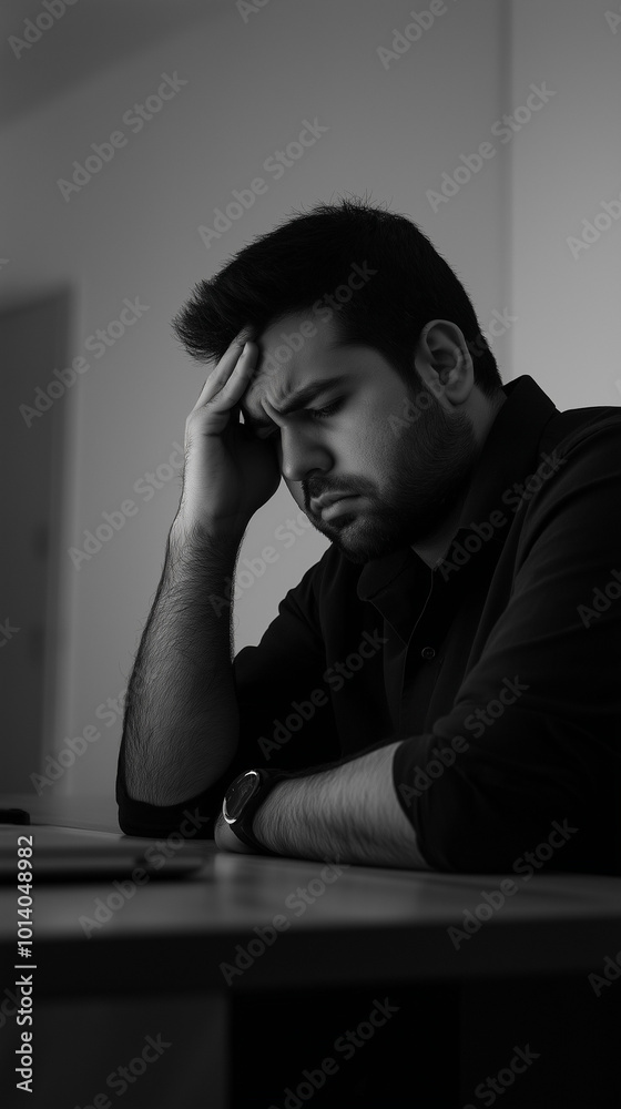 Stressed man sitting at desk in black and white Stressed man sitting at desk in black and white