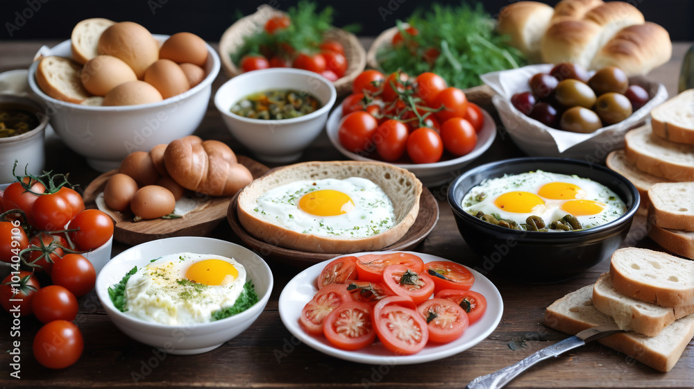 Turkish breakfast bounty, rich in textures with eggs, fresh vegetables, and hearty breads, Generative AI Turkish breakfast bounty, rich in textures with eggs, fresh vegetables, and hearty breads, Generative AI